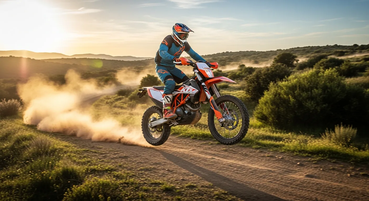 Tall rider jumping KTM 690 Enduro R 2026 over dusty trail