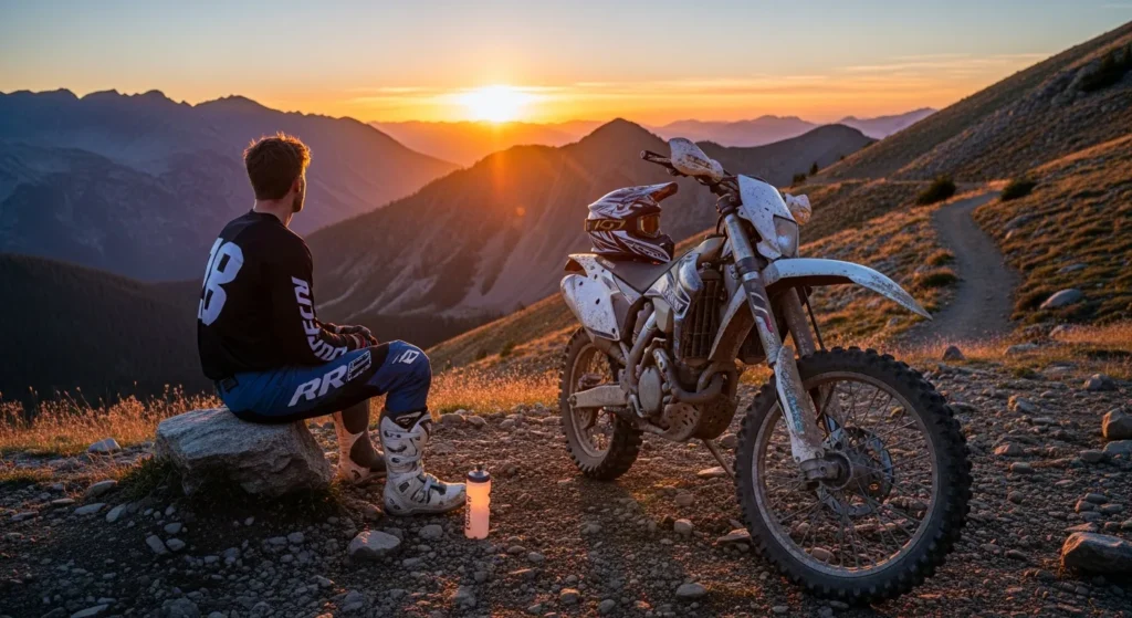 Tall rider resting beside dirt bike near mountain trail sunset