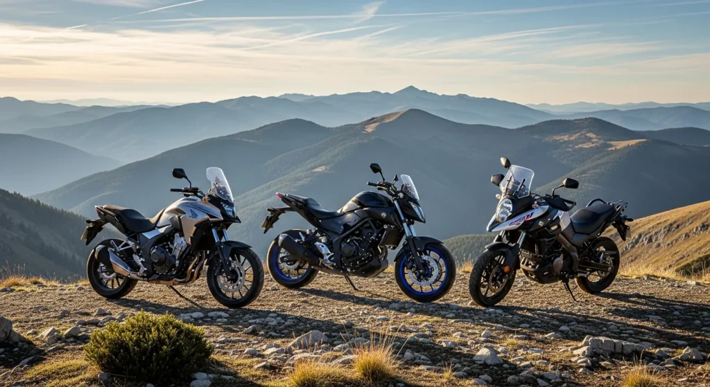 2026’s Best Fuel-Efficient Motorcycles (Yes, Gas Still Matters) 2 Three 2026 motorcycles (Honda CB500X, Yamaha MT-03, Suzuki V-Strom 800) parked on mountain overlook