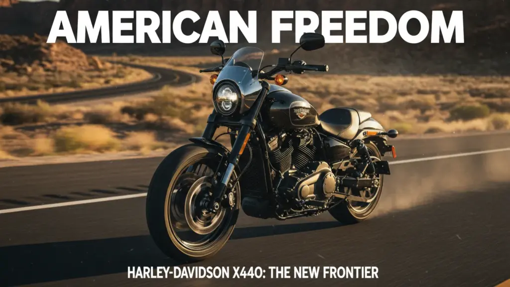 Ultra-realistic editorial photograph of the Harley-Davidson X440 on an open American highway at golden hour