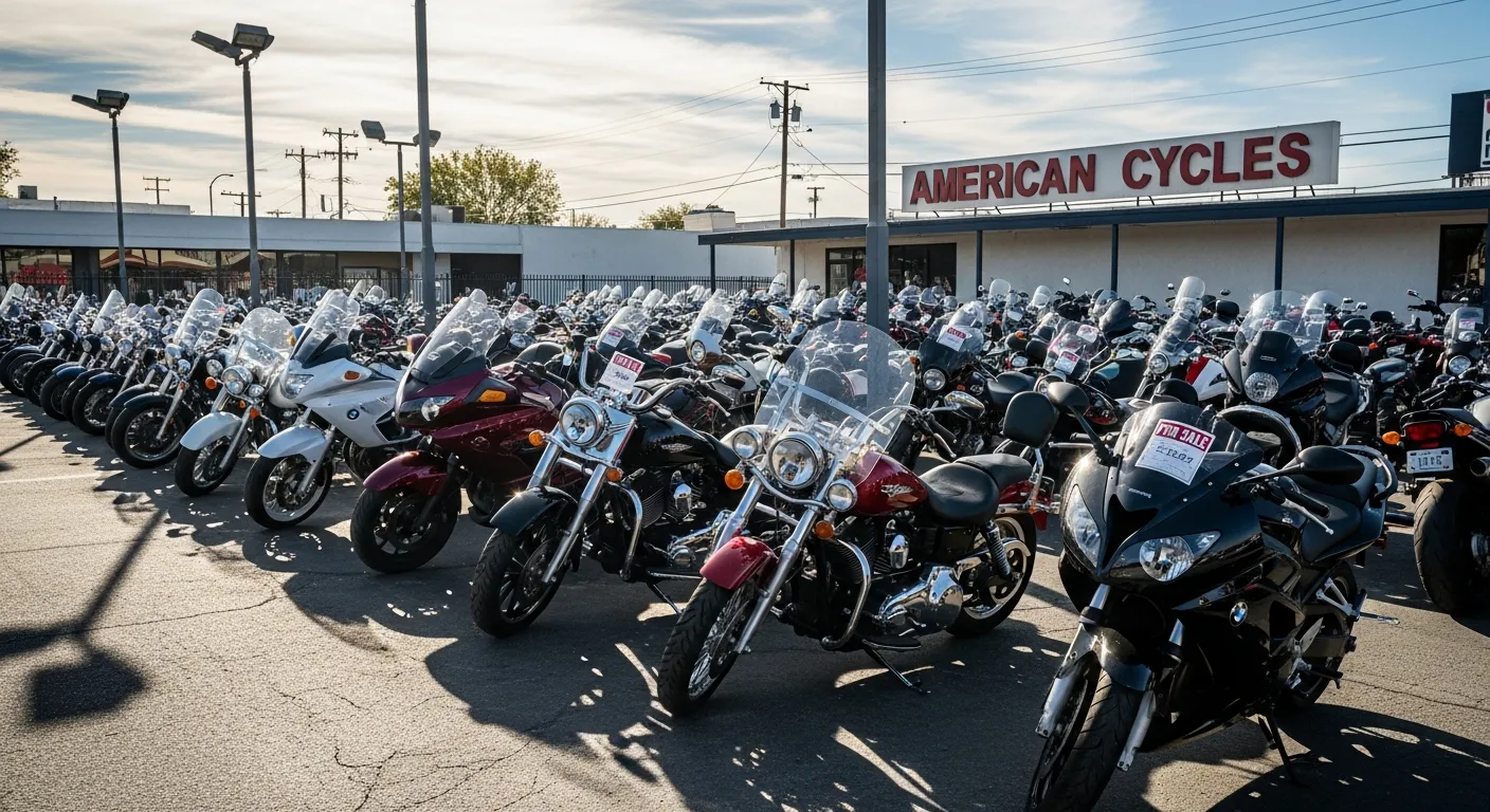 Used motorcycles lined up at dealership in the USA