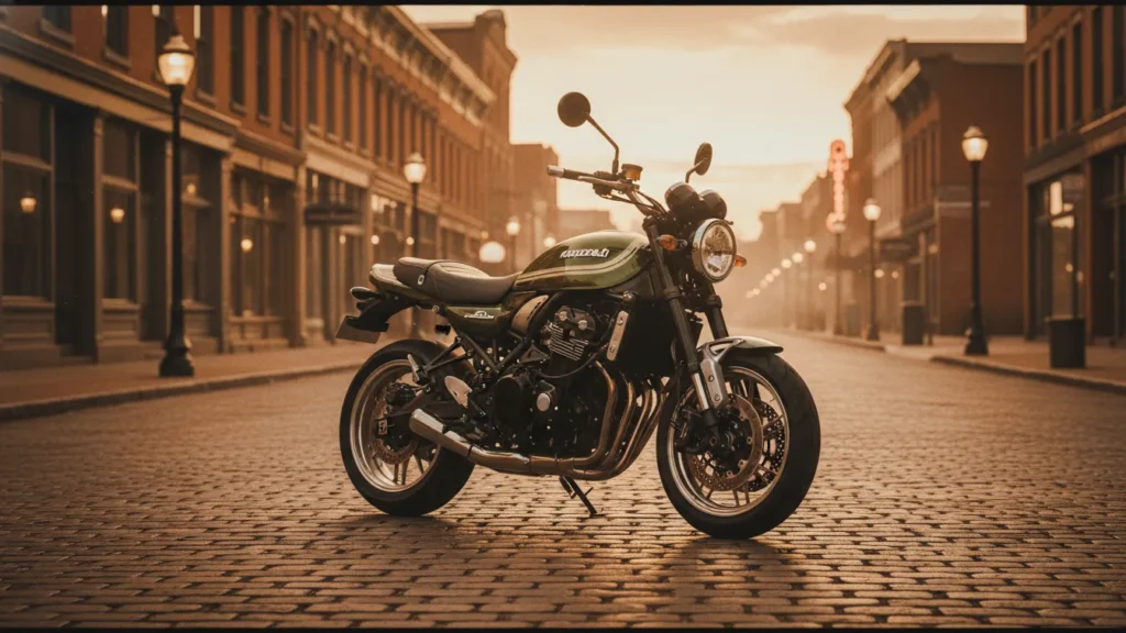 Vintage-style composition of Z900RS on an empty downtown street at dusk