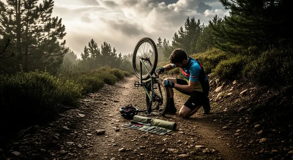 adventure rider repairing motorcycle on trail with toolkit