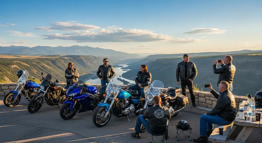 adventure riders resting with gear beside motorcycles
