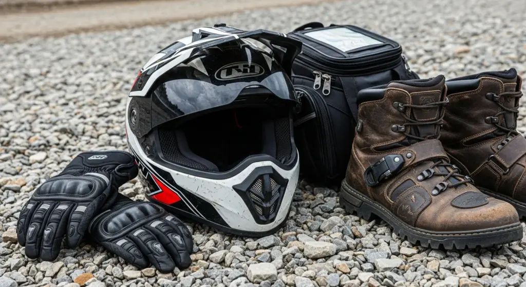 close-up view of adventure motorcycle protective gear