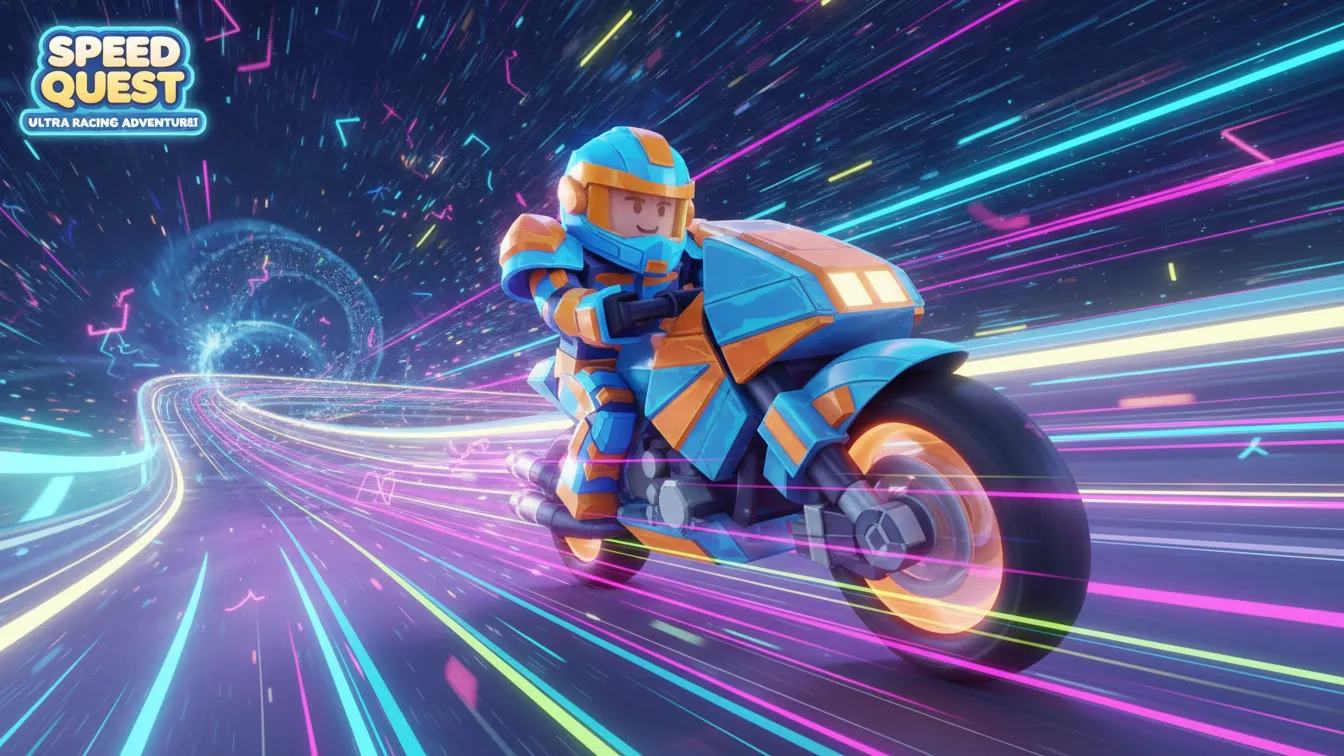 A Roblox-style motorcycle rider performing a high-speed race on a neon digital track, glowing speed lines