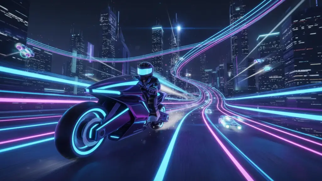 A cool Roblox biker riding a futuristic superbike on a glowing neon racetrack