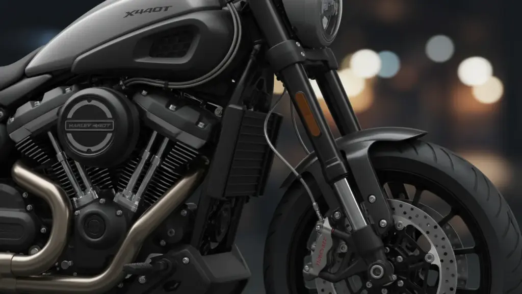 Harley-Davidson X440T Unveiled: Why This New Budget-Friendly Harley Is Suddenly Everywhere Today 2 Close-up of Harley X440T suspension and engine components, sharp mechanical focus, macro detail, studio lighting