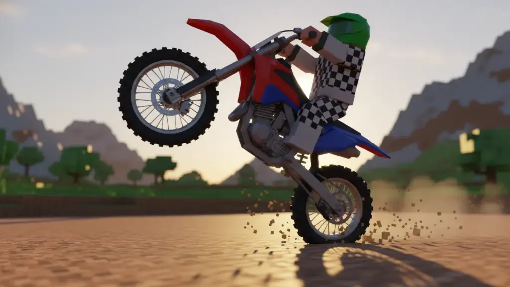 Close up of Roblox bike physics during wheelie detailed angle view