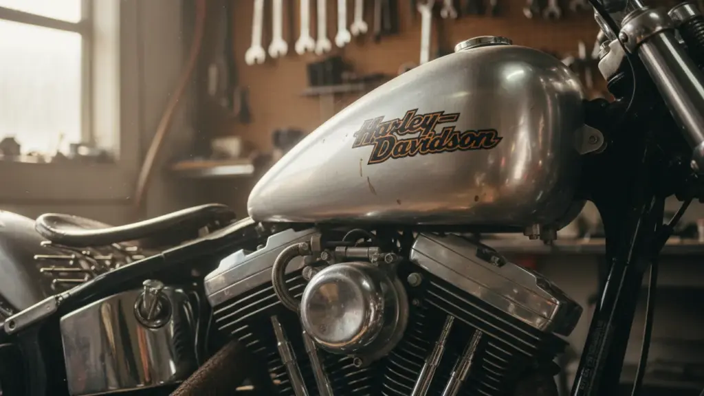 Close-up of a Harley-Davidson fuel tank and engine details