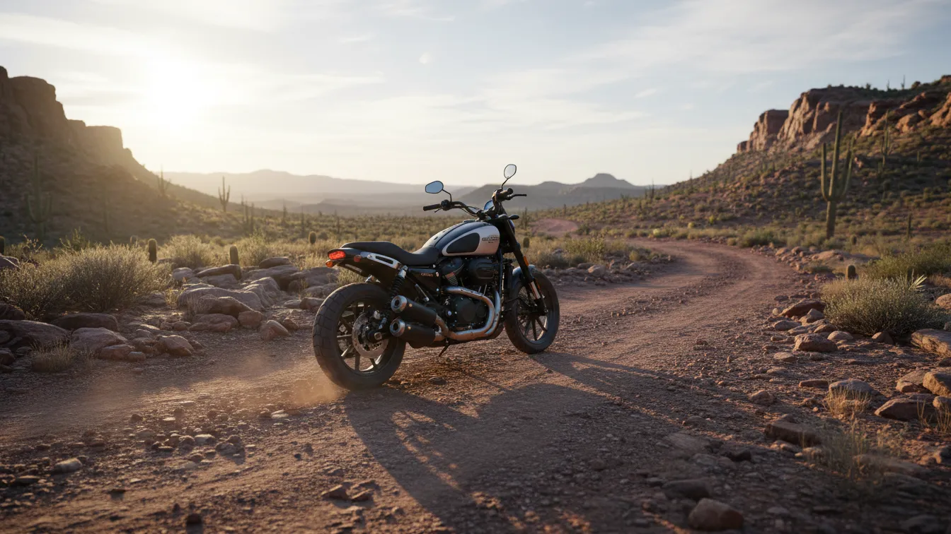 Harley-Davidson X440T on a rugged American trail, golden daylight, wide landscape shot, realistic dirt textures, natural colors.