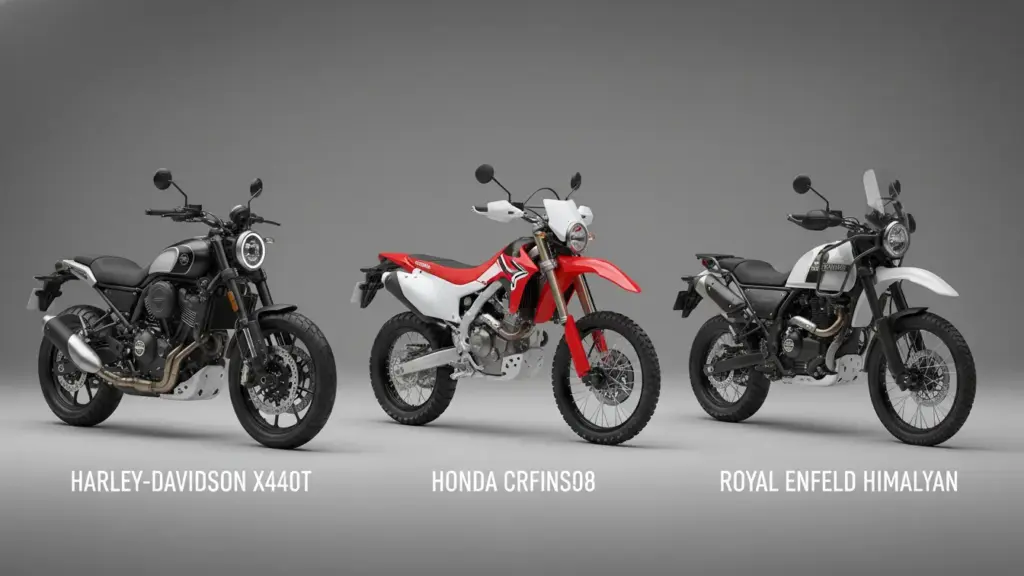 Harley-Davidson X440T Unveiled: Why This New Budget-Friendly Harley Is Suddenly Everywhere Today 4 Harley-Davidson X440T side-by-side with a Honda CRF300L and Royal Enfield Himalayan, neutral background, motorcycle comparison layout.