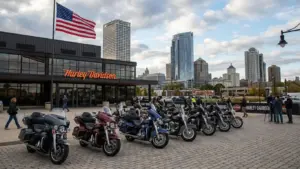 Harley-Davidson headquarters with multiple bikes displayed outside.