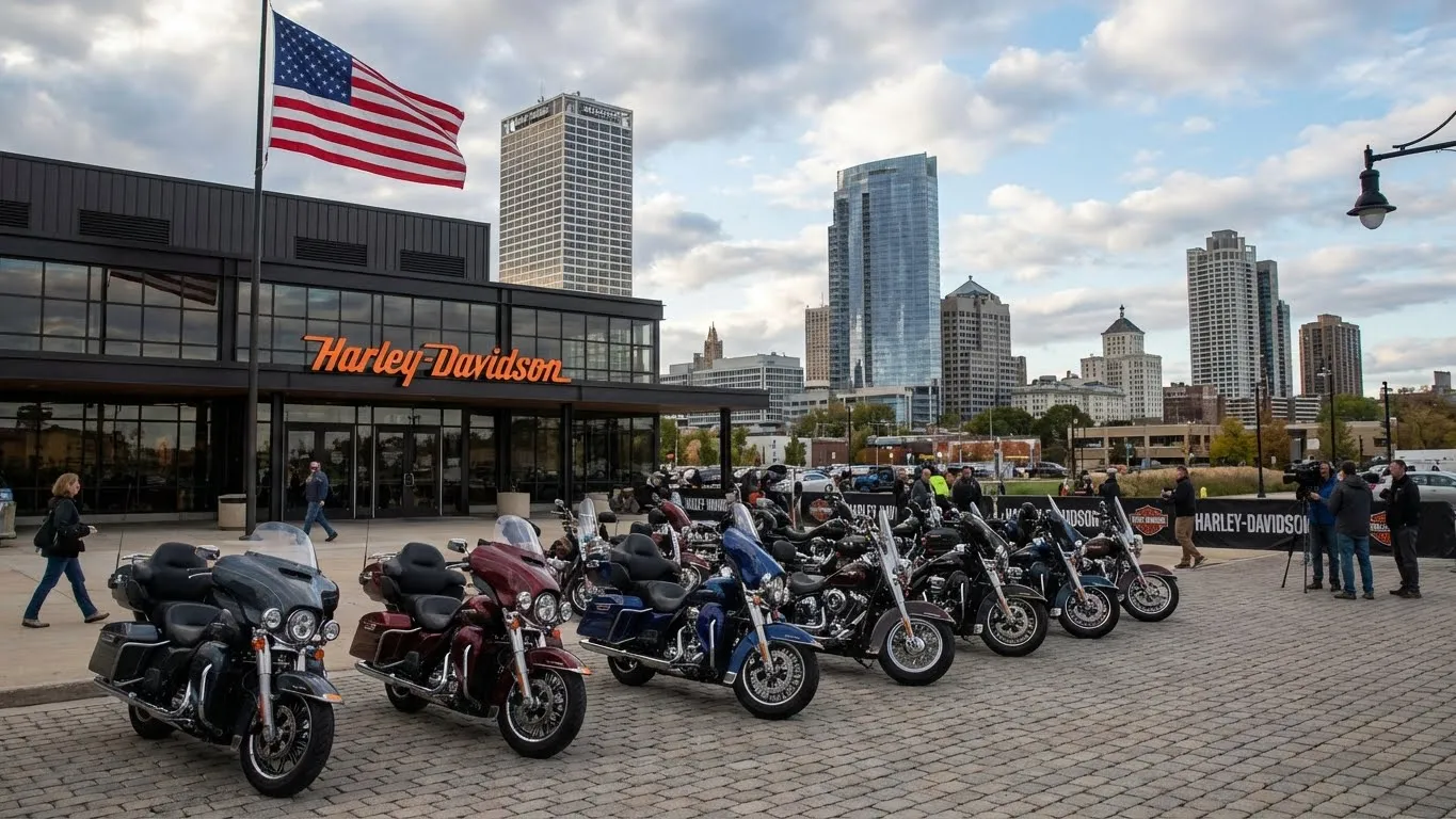 Harley-Davidson headquarters with multiple bikes displayed outside.