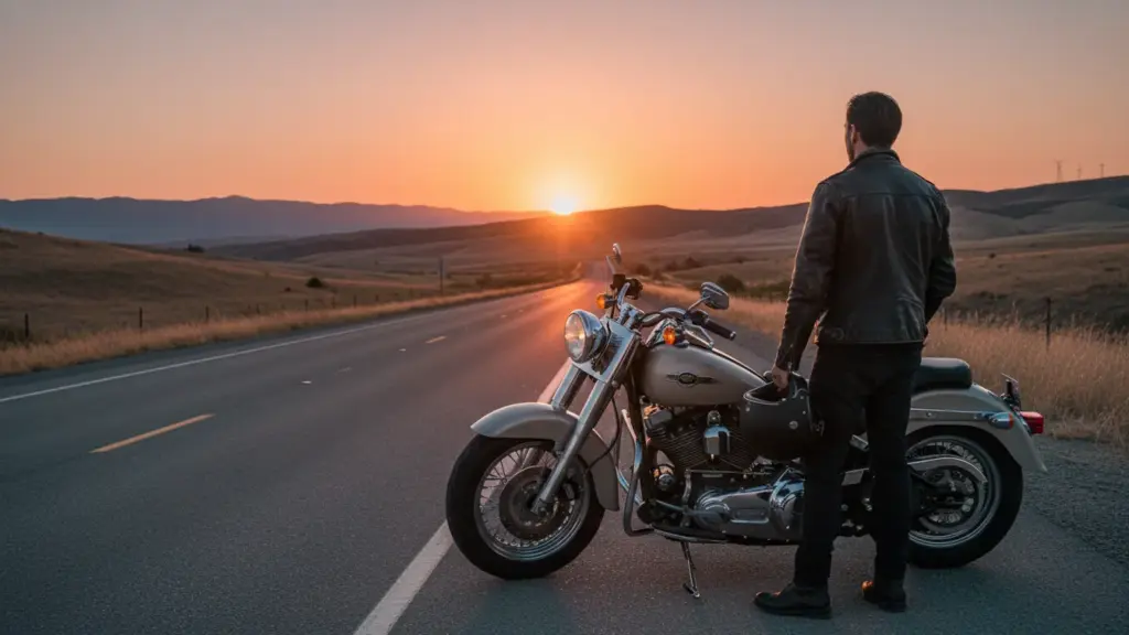 Motorcycle rider standing beside a Harley-Davidson motorcycle overlooking an open road at sunset