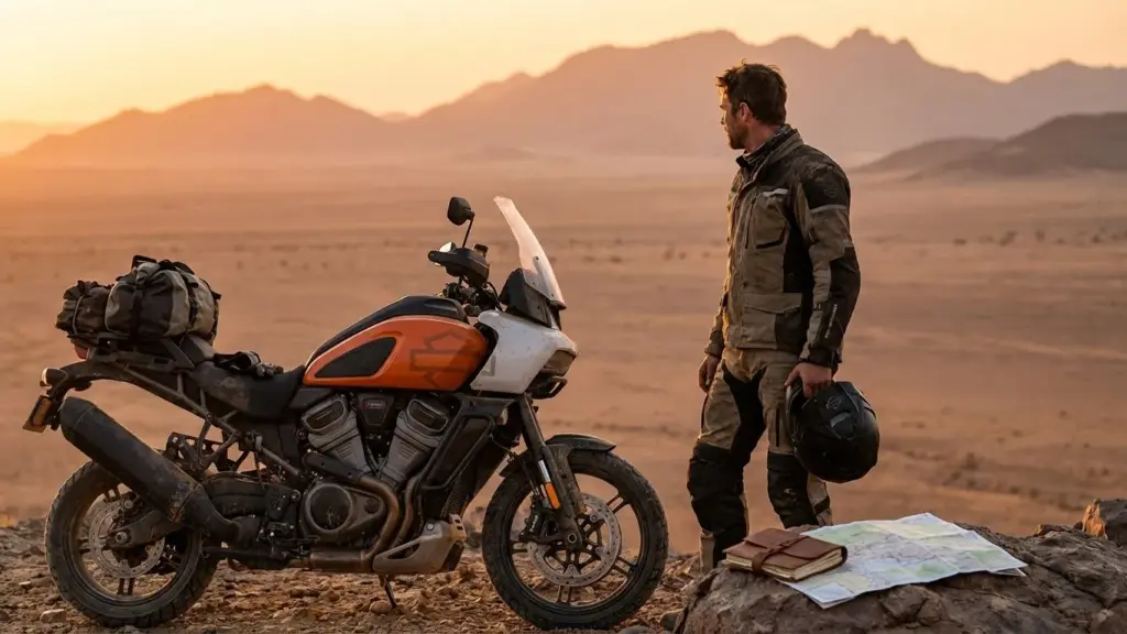 Harley-Davidson Announces Major Leadership Shakeup to Revitalize the Brand — Here’s Why Riders Are Paying Attention 4 Rider beside a Harley ADV motorcycle during sunset.