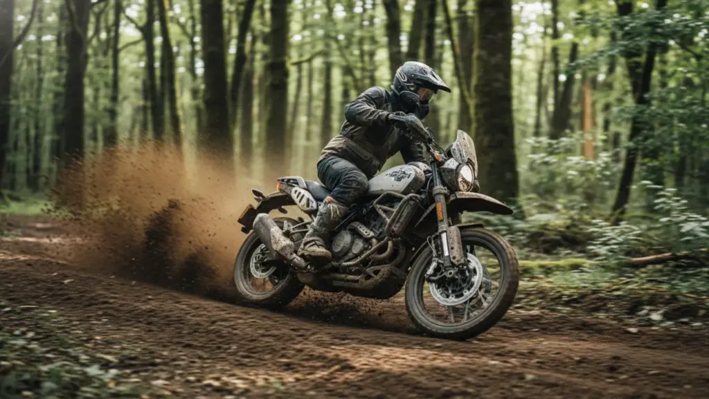 Harley-Davidson X440T Unveiled: Why This New Budget-Friendly Harley Is Suddenly Everywhere Today 3 Rider leaning the Harley X440T through a muddy forest trail, flying dirt, motion blur, natural outdoor environment.