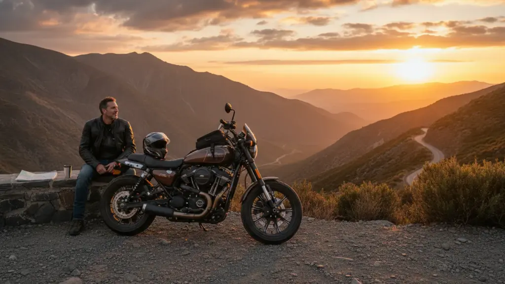 Harley-Davidson X440T Unveiled: Why This New Budget-Friendly Harley Is Suddenly Everywhere Today 5 Rider parked with Harley X440T at a scenic overlook, helmet off, sunset, relaxed touring vibe.