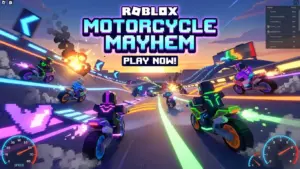 Roblox Motorcycle Mayhem bike racing scene, high detail, colorful lighting, wide shot, dynamic motion, game aesthetic — hero banner style.