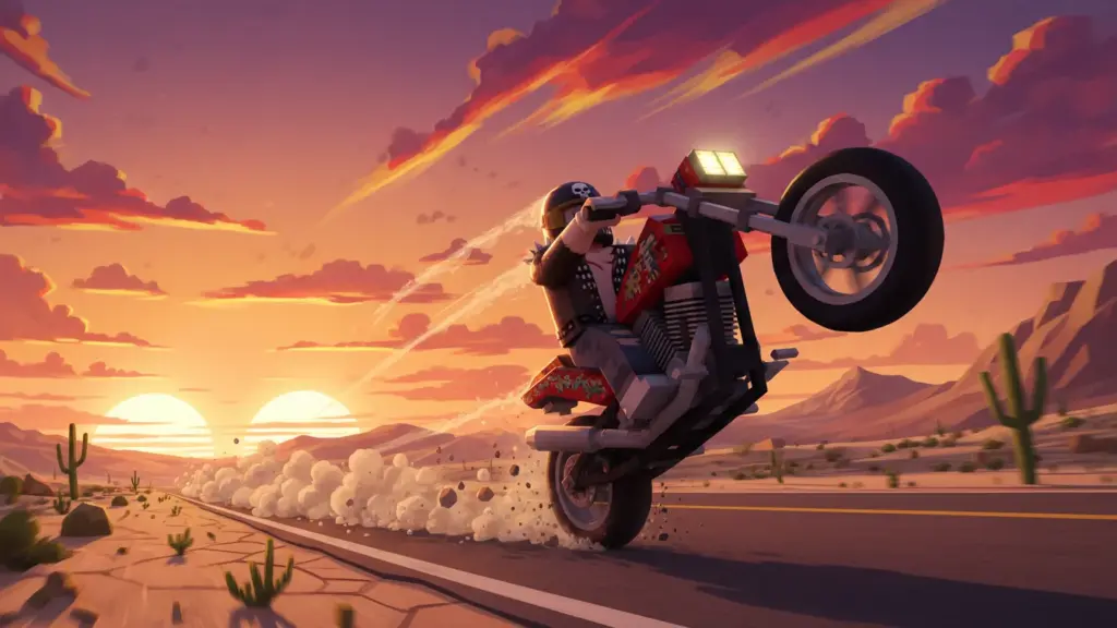 Roblox biker doing a high speed wheelie at sunset dust trails dramatic sky
