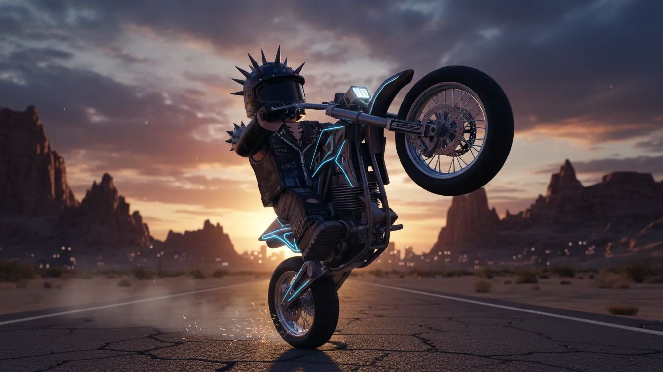 Roblox character in biker gear riding a stunt motorcycle cinematic mood