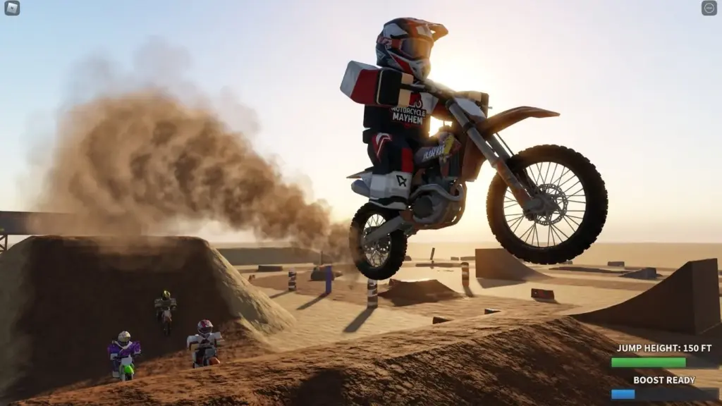 Roblox: Motorcycle Mayhem Codes (Updated December 2025) 3 Roblox rider performing a high jump in Motorcycle Mayhem, dust trail, dramatic angle.