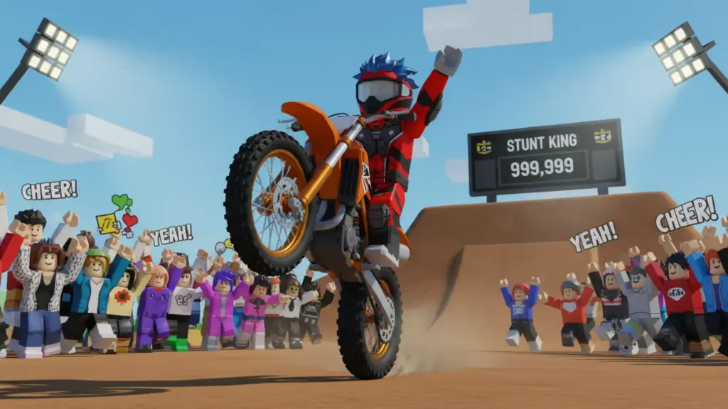 Roblox stunt rider doing a one handed wheelie crowd cheering