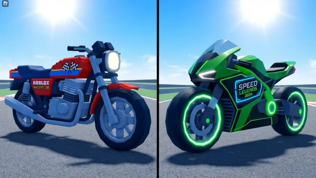 Roblox: Motorcycle Mayhem Codes (Updated December 2025) 4 Side-by-side Roblox motorcycles from different racing games, clear visual differences, bright lighting.